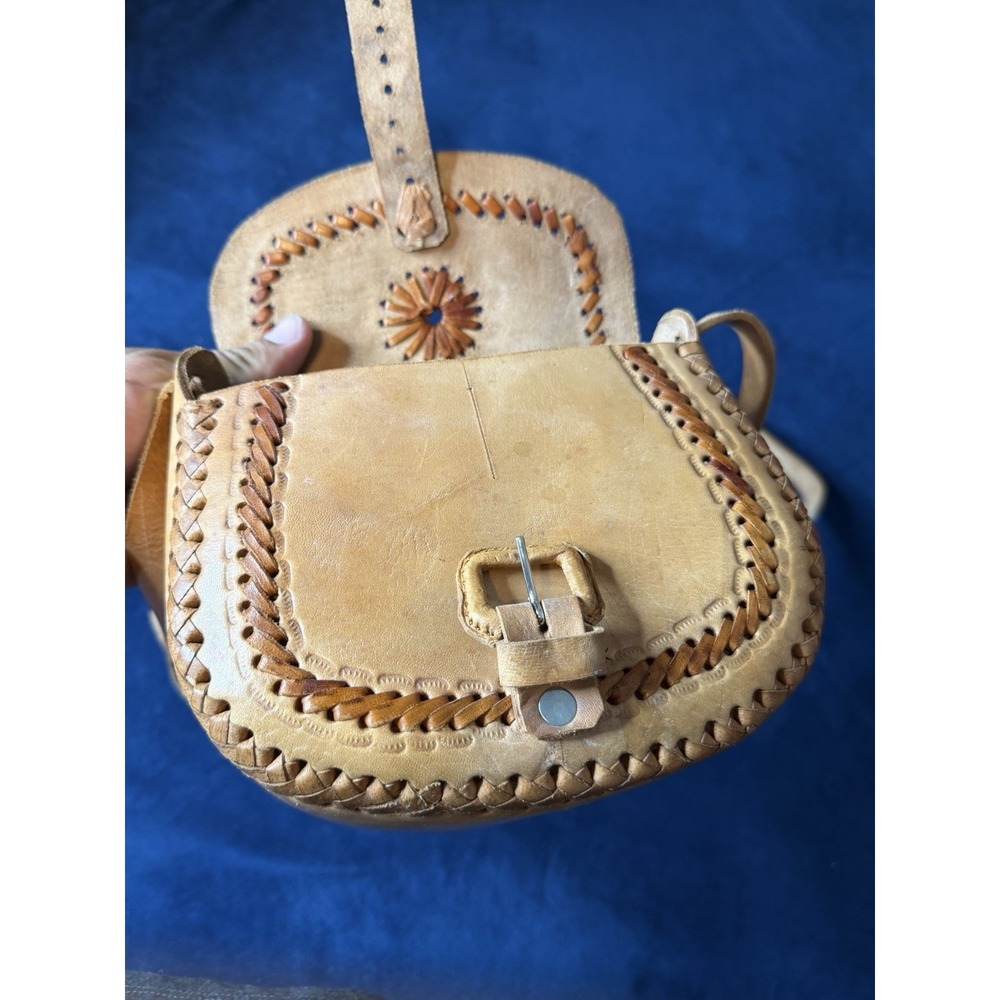Handmade Artisan Hand Tooled Mexican Leather Saddle Shoulder Bag Brown Floral - Picture 3 of 9